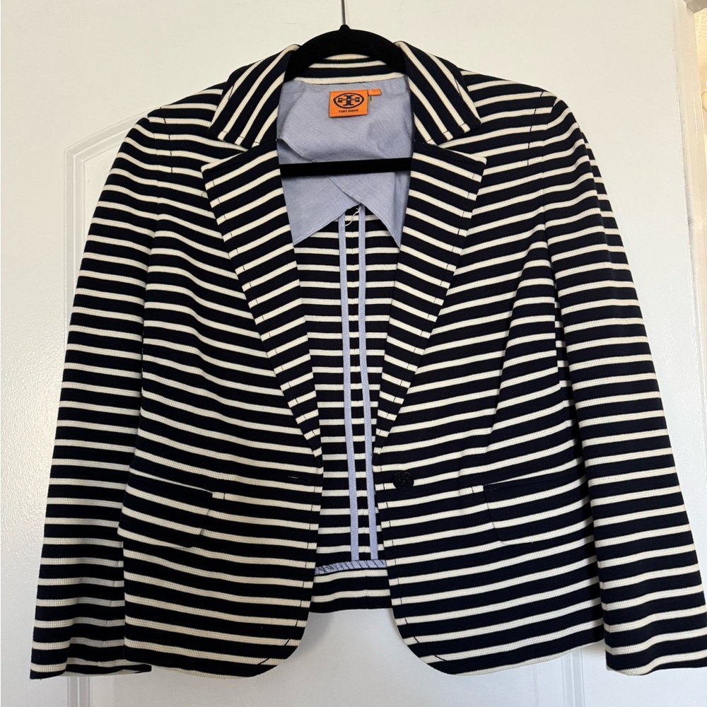 Tory Burch Navy and White Striped Blazer